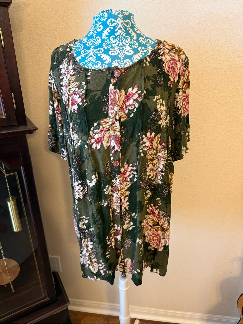Roaman's Olive Green Floral Button-Front Top